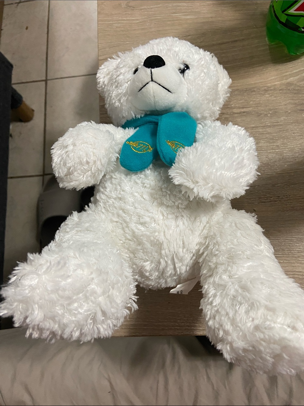 Vintage White Plush Teddy Bear with Teal Scarf